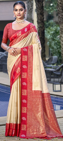 Beige and Brown color Saree in Art Silk fabric with Weaving, Zari work