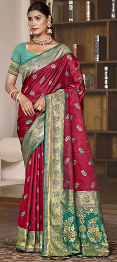 Red and Maroon color Saree in Art Silk fabric with Weaving, Zari work