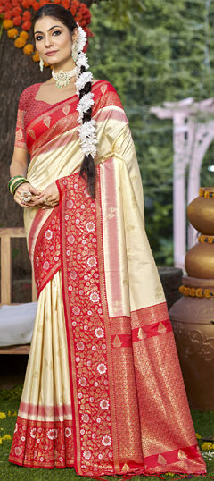White and Off White color Saree in Art Silk fabric with Weaving, Zari work
