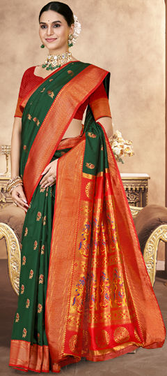 Green, Red and Maroon color Saree in Art Silk fabric with Weaving, Zari work