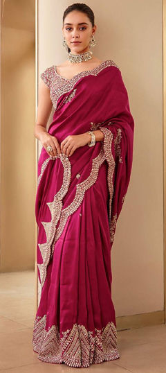 Red and Maroon color Saree in Art Silk fabric with Embroidered, Sequence, Thread work