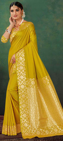 Yellow color Saree in Silk fabric with Weaving, Zari work