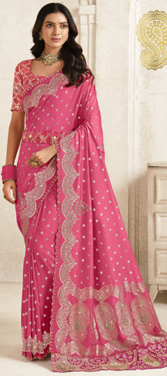 Pink and Majenta color Saree in Silk fabric with Embroidered, Resham, Stone, Thread, Weaving, Zari work