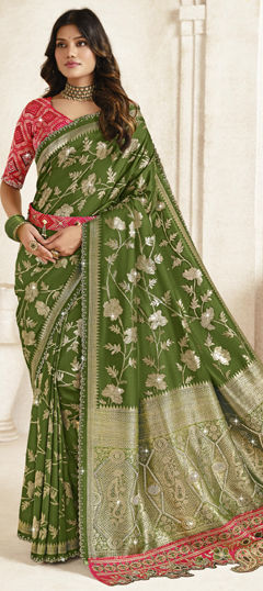 Green color Saree in Silk fabric with Embroidered, Resham, Stone, Thread, Weaving, Zari work