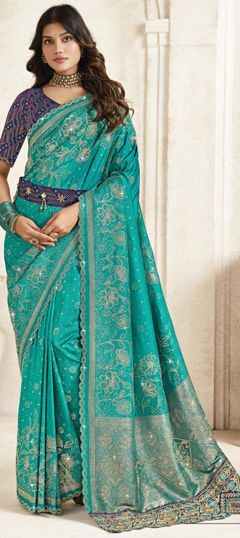 Blue color Saree in Silk fabric with Embroidered, Resham, Stone, Thread, Weaving, Zari work