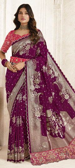 Purple and Violet color Saree in Silk fabric with Embroidered, Resham, Stone, Thread, Weaving, Zari work