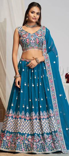 Blue color Lehenga in Georgette fabric with Embroidered, Sequence, Thread work