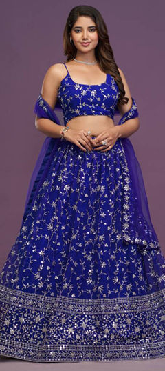 Blue color Lehenga in Georgette fabric with Embroidered, Sequence, Thread, Zari work