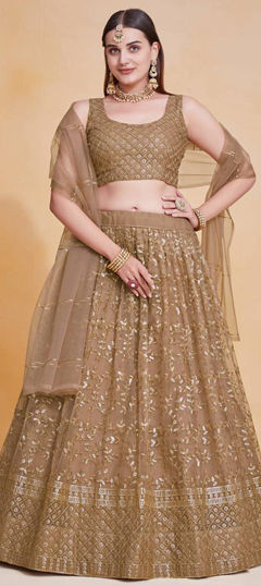 Beige and Brown color Lehenga in Net fabric with Embroidered, Sequence, Thread, Zari work