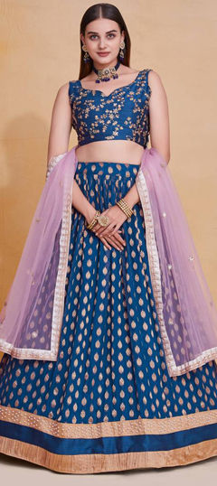 Blue color Lehenga in Georgette fabric with Moti, Weaving, Zari work