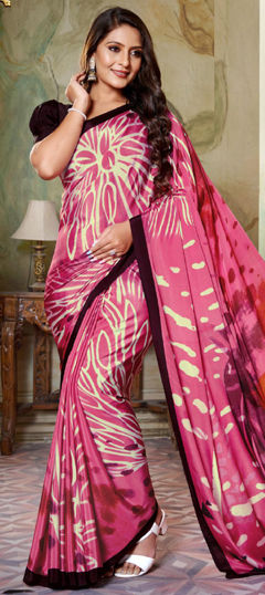 Pink and Majenta color Saree in Crepe Silk fabric with Printed work