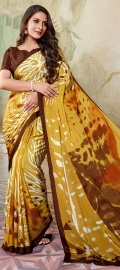 Yellow color Saree in Crepe Silk fabric with Printed work