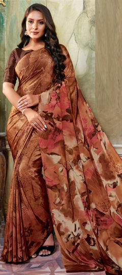 Beige and Brown color Saree in Crepe Silk fabric with Printed work