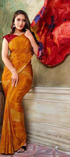 Beige and Brown color Saree in Crepe Silk fabric with Printed work