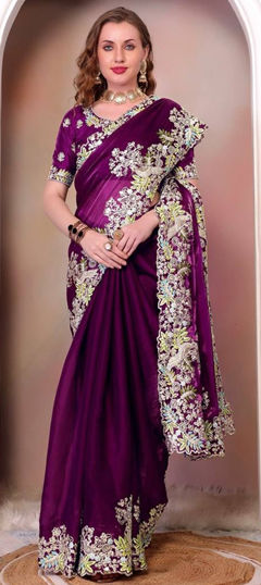 Purple and Violet color Saree in Art Silk fabric with Embroidered, Resham, Thread work