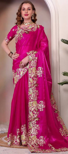 Pink and Majenta color Saree in Art Silk fabric with Embroidered, Resham, Thread work