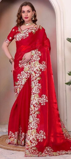 Red and Maroon color Saree in Art Silk fabric with Embroidered, Resham, Thread work