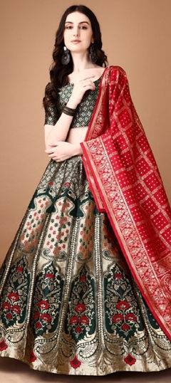 Beige and Brown, Green color Lehenga in Jacquard fabric with Weaving work