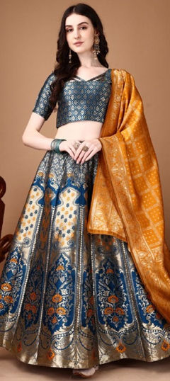 Beige and Brown, Blue color Lehenga in Jacquard fabric with Weaving work