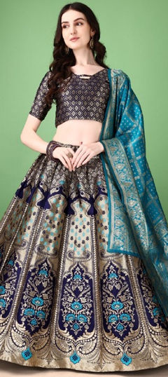 Beige and Brown, Blue color Lehenga in Jacquard fabric with Weaving work