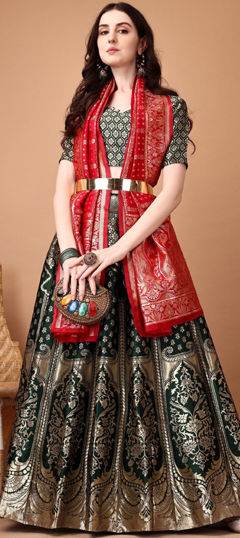 Beige and Brown, Green color Lehenga in Jacquard fabric with Weaving work