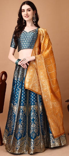 Beige and Brown, Blue color Lehenga in Jacquard fabric with Weaving work