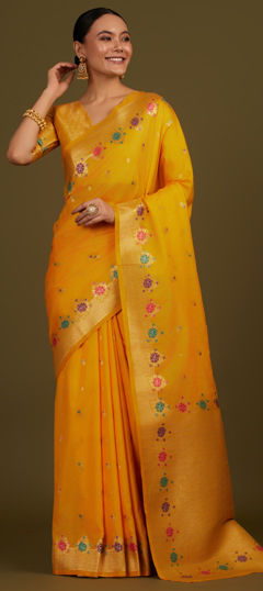 Yellow color Saree in Banarasi Silk fabric with Weaving, Zari work