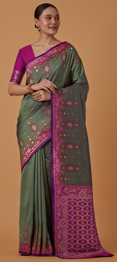 Green color Saree in Banarasi Silk fabric with Weaving, Zari work