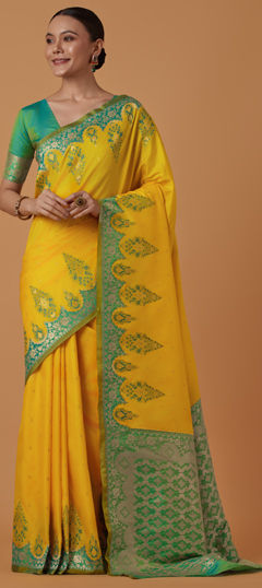 Yellow color Saree in Banarasi Silk fabric with Weaving, Zari work