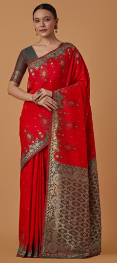 Red and Maroon color Saree in Banarasi Silk fabric with Weaving, Zari work