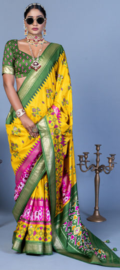 Green, Yellow color Saree in Art Silk fabric with Printed work