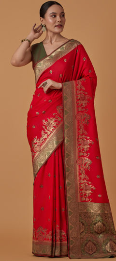 Red and Maroon color Saree in Banarasi Silk fabric with Weaving, Zari work