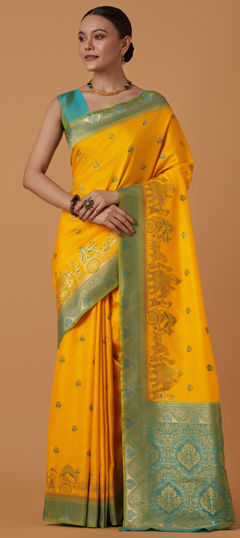 Yellow color Saree in Banarasi Silk fabric with Weaving, Zari work