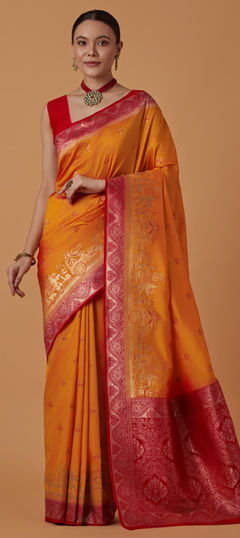 Yellow color Saree in Banarasi Silk fabric with Weaving, Zari work