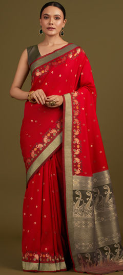 Red and Maroon color Saree in Banarasi Silk fabric with Weaving, Zari work