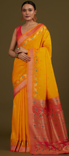 Yellow color Saree in Banarasi Silk fabric with Weaving, Zari work