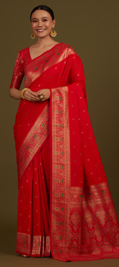 Red and Maroon color Saree in Banarasi Silk fabric with Weaving, Zari work