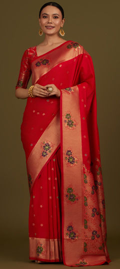 Red and Maroon color Saree in Blended fabric with Weaving, Zari work