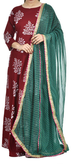 Green color Dupatta in Georgette fabric with Lace, Printed work