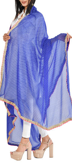 Blue color Dupatta in Georgette fabric with Lace, Printed work