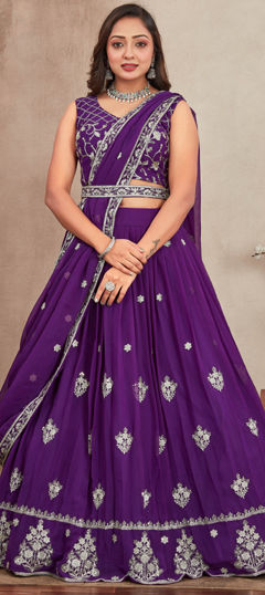 Purple and Violet color Ready to Wear Lehenga in Georgette fabric with Embroidered, Sequence, Thread work