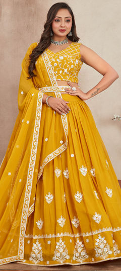 Yellow color Ready to Wear Lehenga in Georgette fabric with Embroidered, Sequence, Thread work