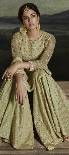 Green color Salwar Kameez in Net fabric with Embroidered, Stone, Thread, Zari work