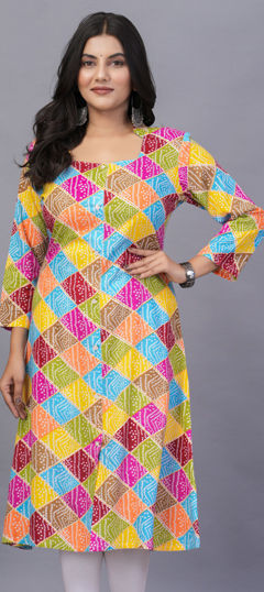 Multicolor color Kurti in Rayon fabric with Bandhej, Printed work