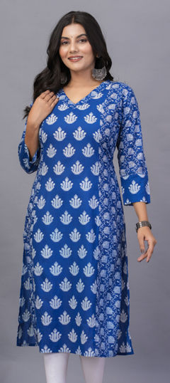 Blue color Kurti in Cotton fabric with Printed work