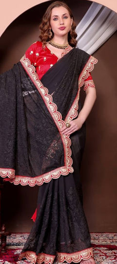 Black and Grey color Saree in Georgette fabric with Border, Embroidered, Sequence work