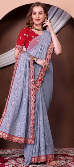 Black and Grey color Saree in Georgette fabric with Border, Embroidered, Sequence work