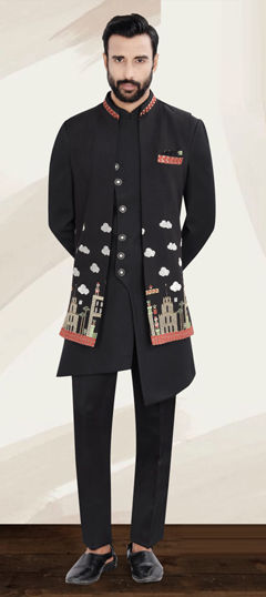 Black and Grey color IndoWestern Dress in Rayon fabric with Embroidered, Thread, Zari work