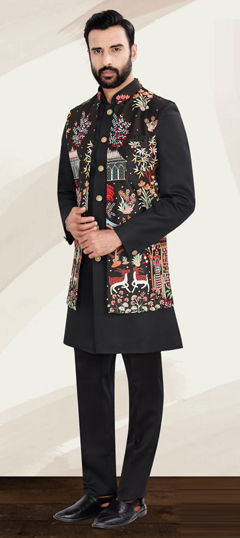 Black and Grey color IndoWestern Dress in Rayon fabric with Embroidered, Resham, Sequence, Thread work