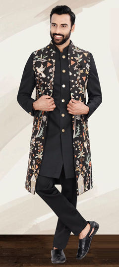 Black and Grey color IndoWestern Dress in Rayon fabric with Embroidered, Resham, Thread work